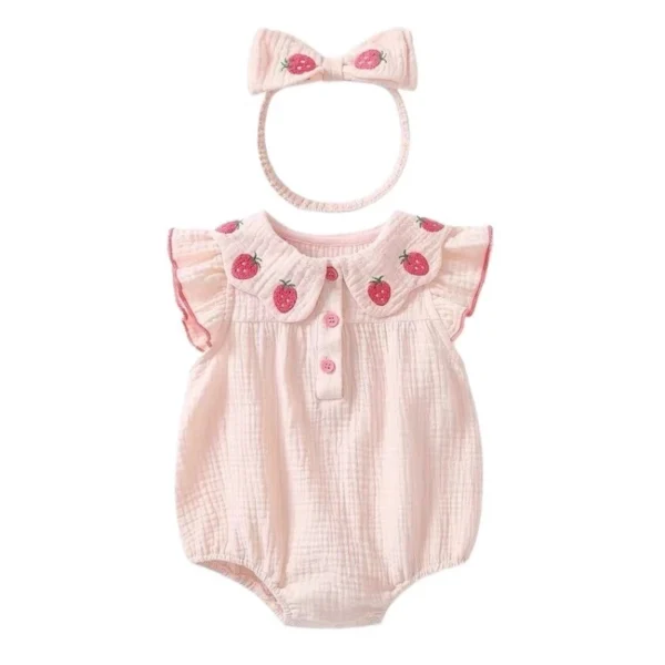 Baby Strawberry Embroidered Romper Set