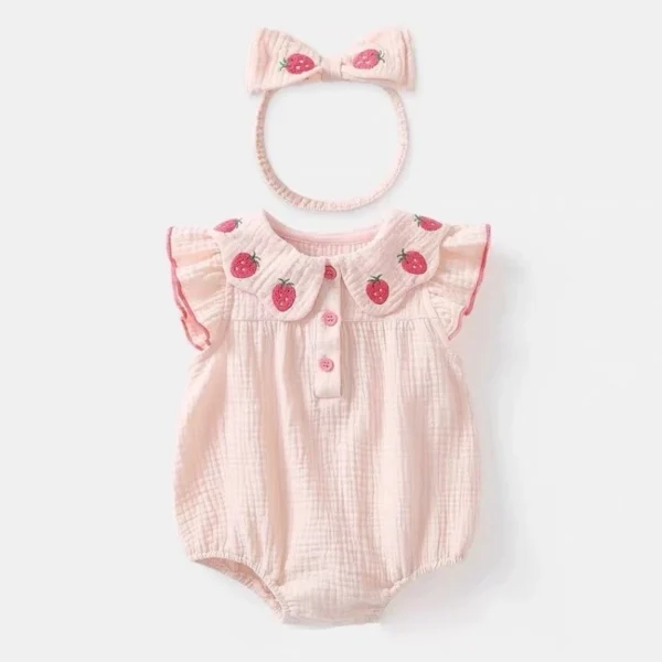 Baby Strawberry Embroidered Romper Set