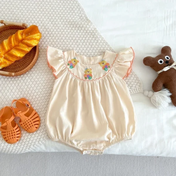 Baby Bear Embroidered Flutter Sleeve Romper